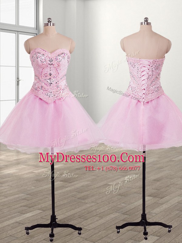 Perfect Baby Pink Sweetheart Neckline Beading Prom Dress Sleeveless Lace Up