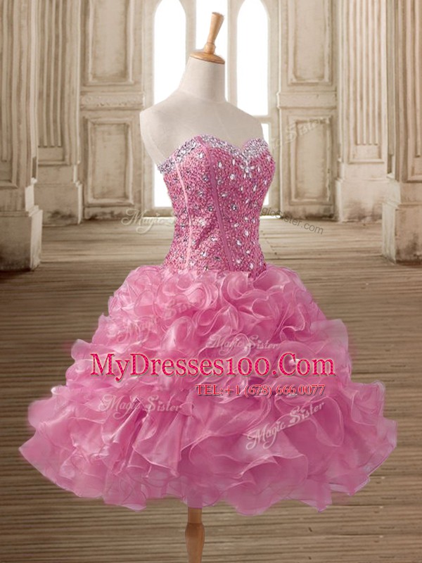 Pink Organza Lace Up Prom Dresses Sleeveless Mini Length Beading and Ruffles