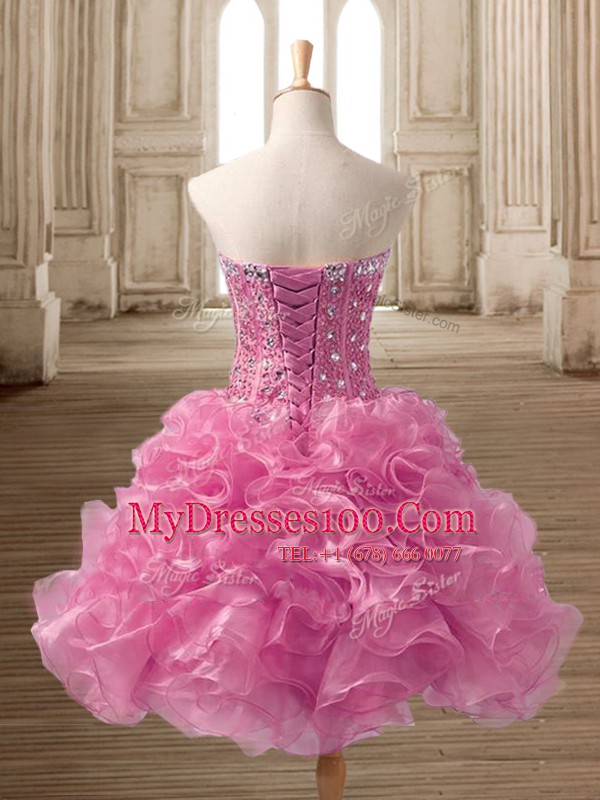 Pink Organza Lace Up Prom Dresses Sleeveless Mini Length Beading and Ruffles