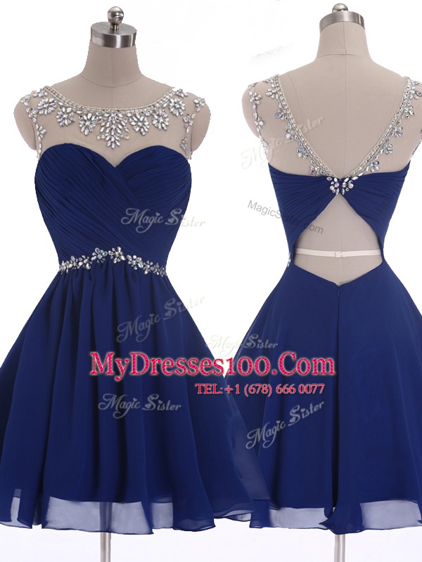 Shining Scoop Sleeveless Chiffon Mini Length Criss Cross Prom Dress in Navy Blue with Beading