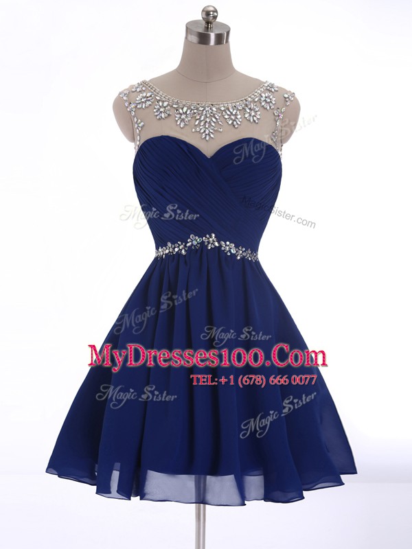 Shining Scoop Sleeveless Chiffon Mini Length Criss Cross Prom Dress in Navy Blue with Beading