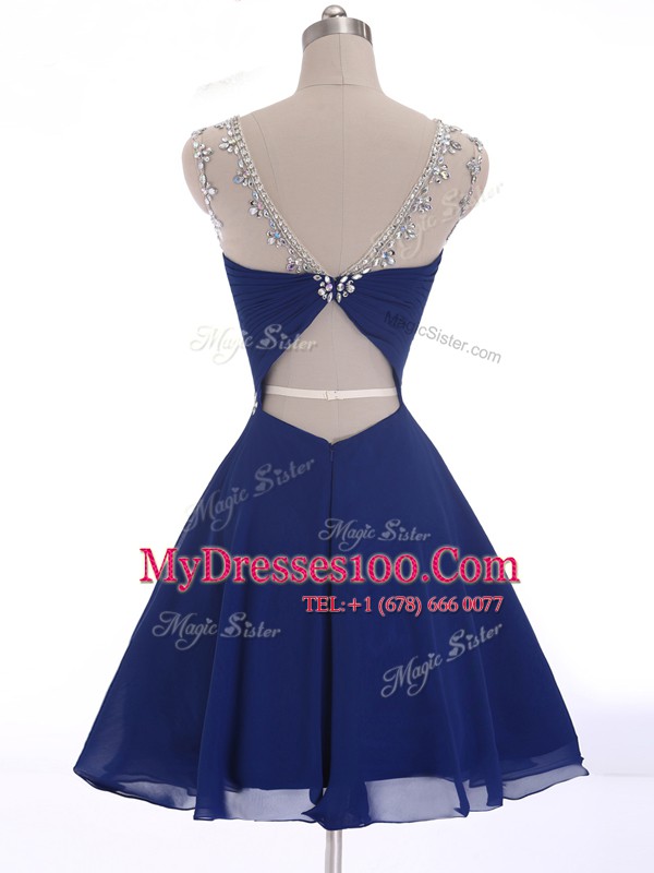 Shining Scoop Sleeveless Chiffon Mini Length Criss Cross Prom Dress in Navy Blue with Beading