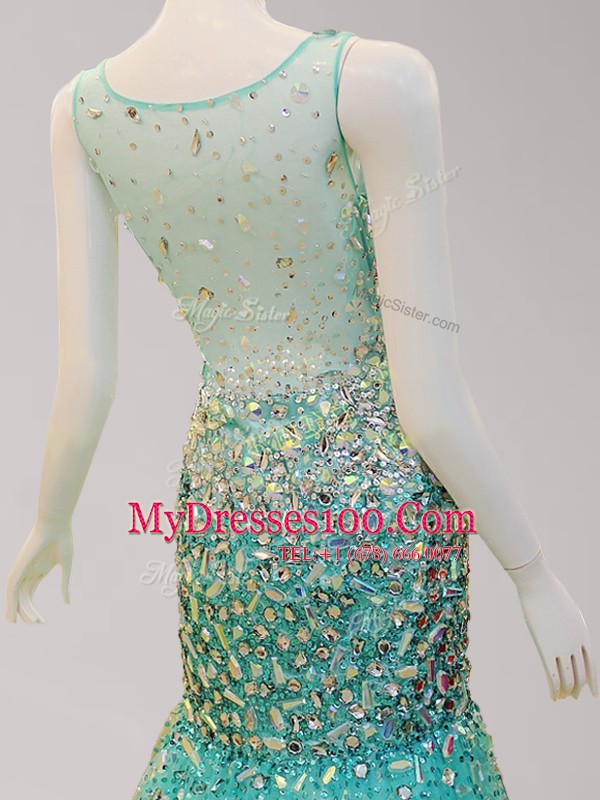 Traditional Mermaid Scoop Sleeveless Prom Gown Brush Train Beading Turquoise Tulle
