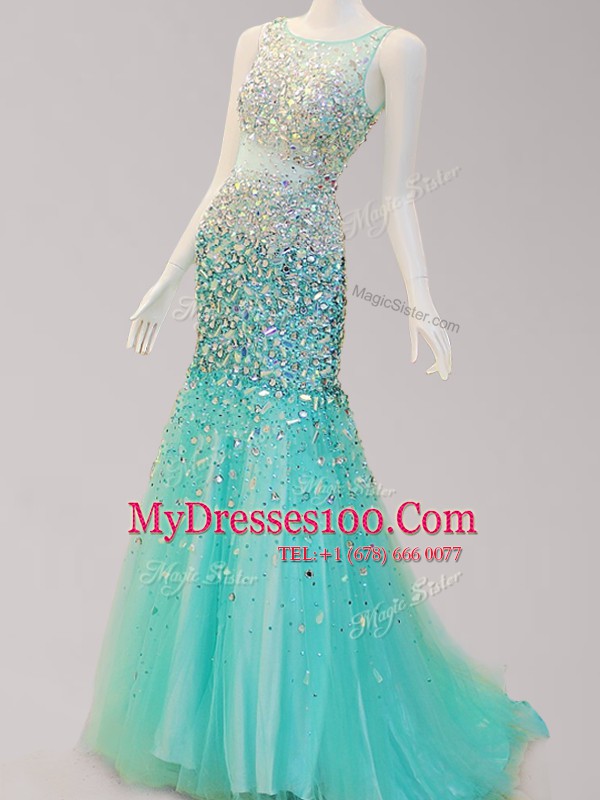 Traditional Mermaid Scoop Sleeveless Prom Gown Brush Train Beading Turquoise Tulle
