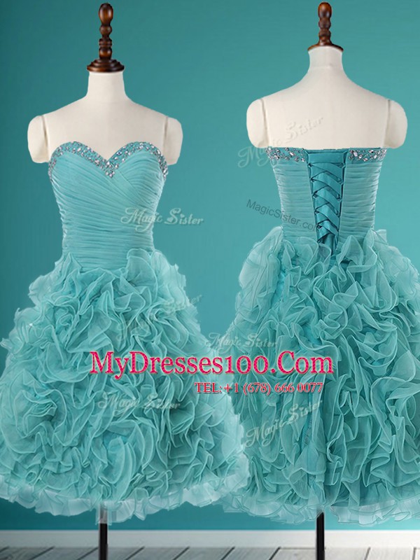 Fashionable Mini Length Lace Up Military Ball Dresses Turquoise for Prom and Party with Beading and Ruffles
