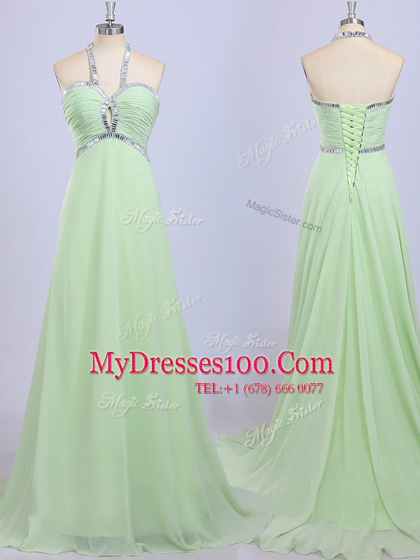 Yellow Green Zipper Halter Top Beading Evening Party Dresses Chiffon Sleeveless Court Train