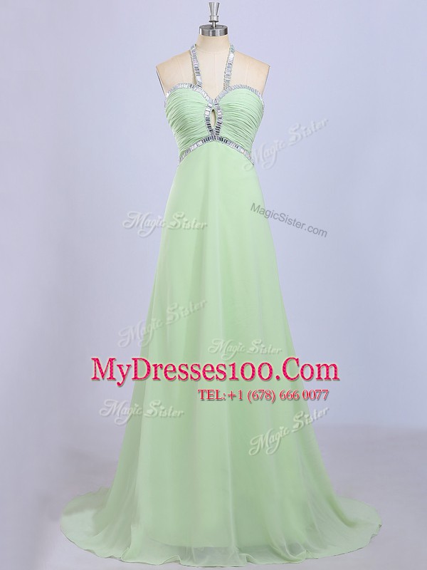Yellow Green Zipper Halter Top Beading Evening Party Dresses Chiffon Sleeveless Court Train