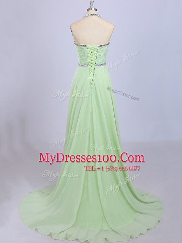 Yellow Green Zipper Halter Top Beading Evening Party Dresses Chiffon Sleeveless Court Train