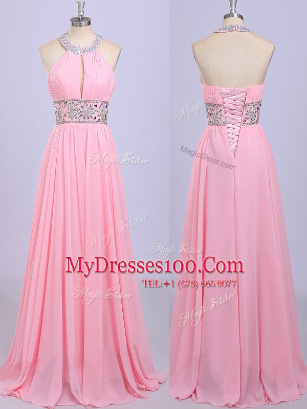 Halter Top Sleeveless Zipper Evening Dress Rose Pink Chiffon