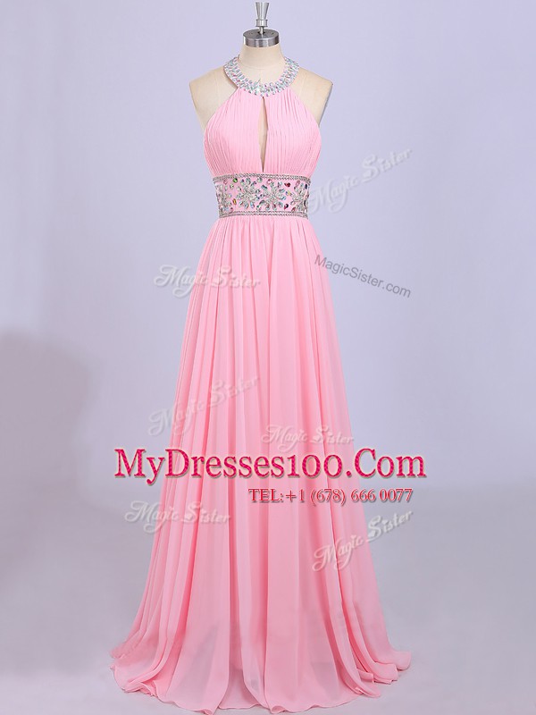 Halter Top Sleeveless Zipper Evening Dress Rose Pink Chiffon