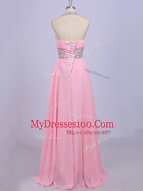 Halter Top Sleeveless Zipper Evening Dress Rose Pink Chiffon