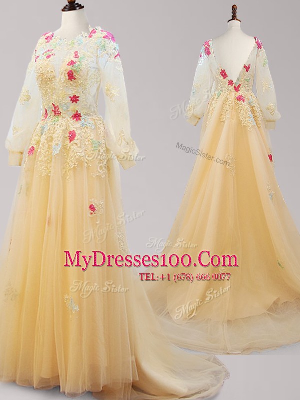 Gold Evening Dress Scoop Long Sleeves Brush Train Backless