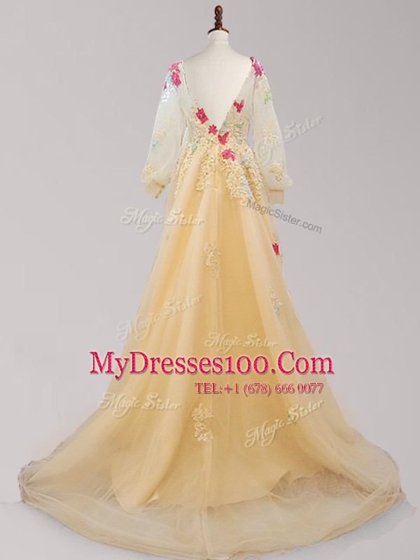 Gold Evening Dress Scoop Long Sleeves Brush Train Backless