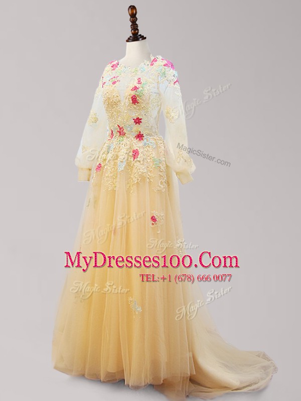 Gold Evening Dress Scoop Long Sleeves Brush Train Backless