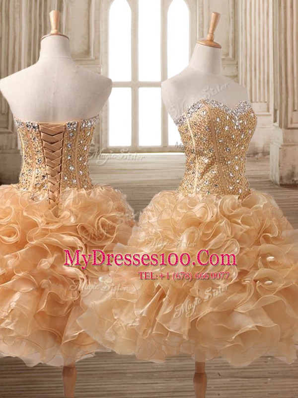 Sumptuous Gold Organza Lace Up Ball Gown Prom Dress Sleeveless Tea Length Beading and Ruffles