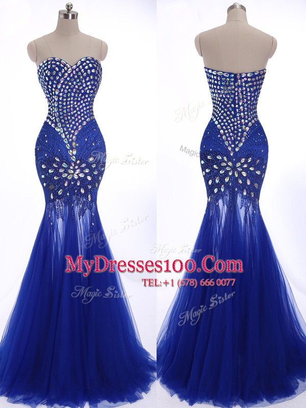 Free and Easy Mermaid Royal Blue Sleeveless Tulle Brush Train Zipper Homecoming Dress for Prom