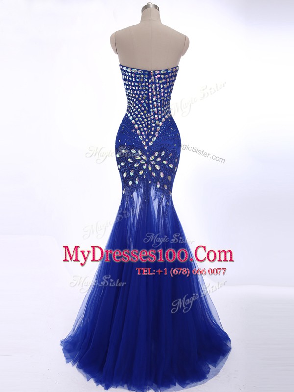 Free and Easy Mermaid Royal Blue Sleeveless Tulle Brush Train Zipper Homecoming Dress for Prom