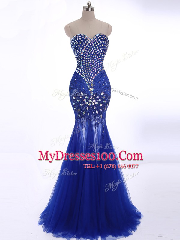 Free and Easy Mermaid Royal Blue Sleeveless Tulle Brush Train Zipper Homecoming Dress for Prom