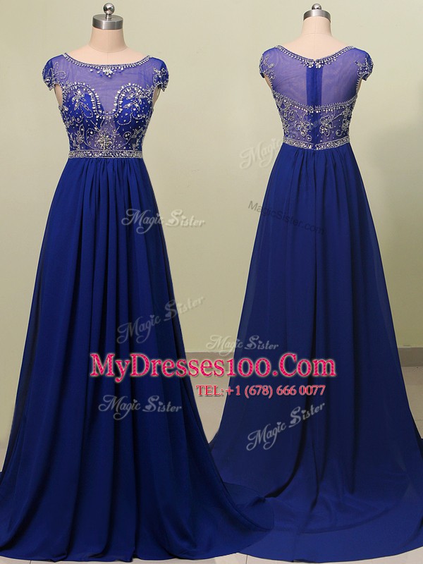 Romantic Scoop Beading Prom Dress Royal Blue Zipper Cap Sleeves With Brush Train
