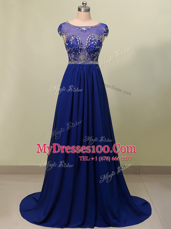 Romantic Scoop Beading Prom Dress Royal Blue Zipper Cap Sleeves With Brush Train