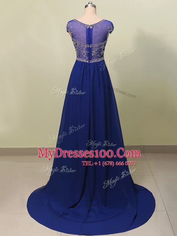 Romantic Scoop Beading Prom Dress Royal Blue Zipper Cap Sleeves With Brush Train