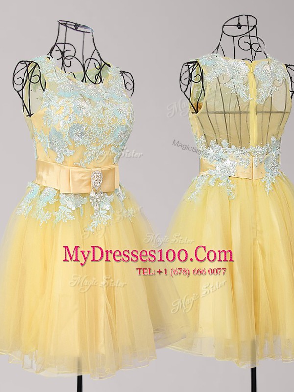 Wonderful Yellow A-line Tulle Scoop Sleeveless Appliques and Bowknot Mini Length Zipper Prom Dresses