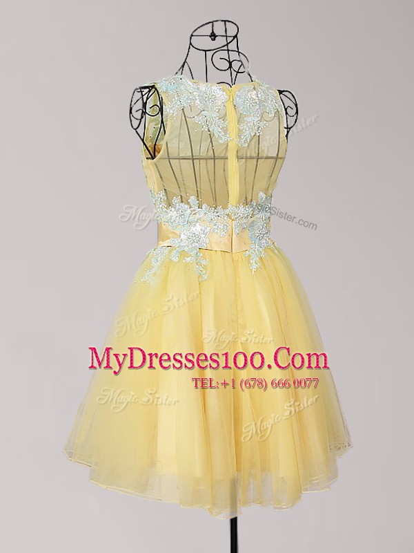 Wonderful Yellow A-line Tulle Scoop Sleeveless Appliques and Bowknot Mini Length Zipper Prom Dresses