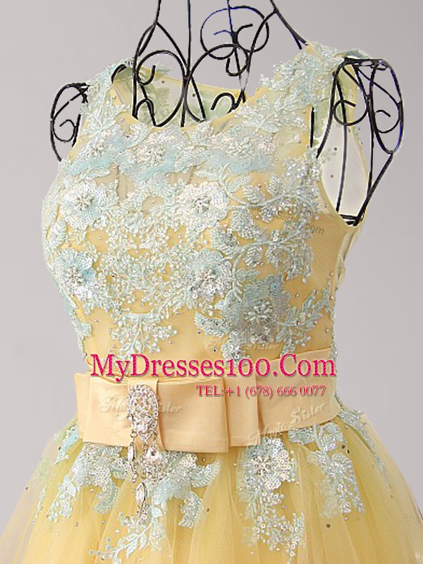 Wonderful Yellow A-line Tulle Scoop Sleeveless Appliques and Bowknot Mini Length Zipper Prom Dresses