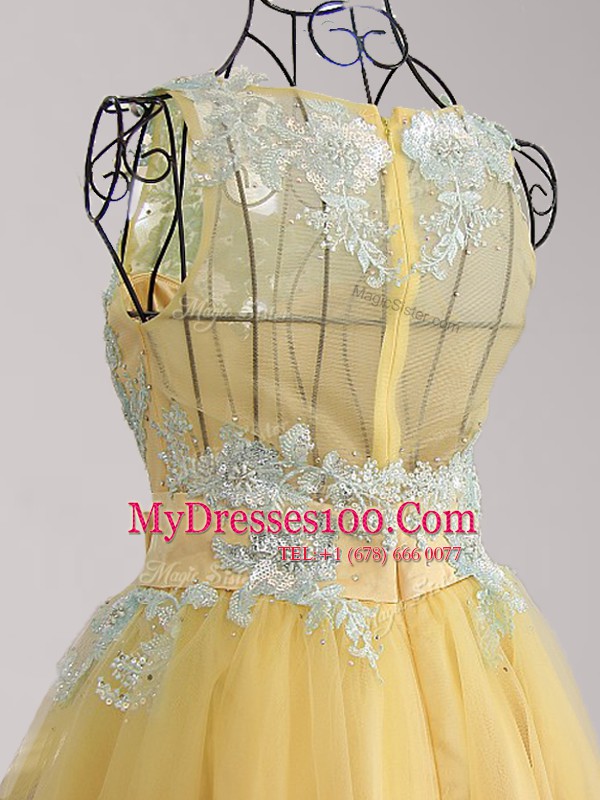 Wonderful Yellow A-line Tulle Scoop Sleeveless Appliques and Bowknot Mini Length Zipper Prom Dresses