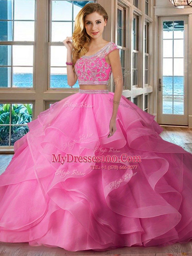 Deluxe Apple Green Scoop Neckline Beading and Ruffles Quinceanera Dress Cap Sleeves Backless