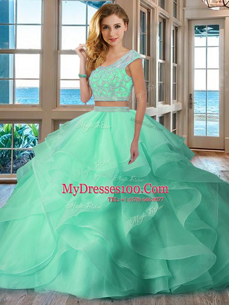 Deluxe Apple Green Scoop Neckline Beading and Ruffles Quinceanera Dress Cap Sleeves Backless