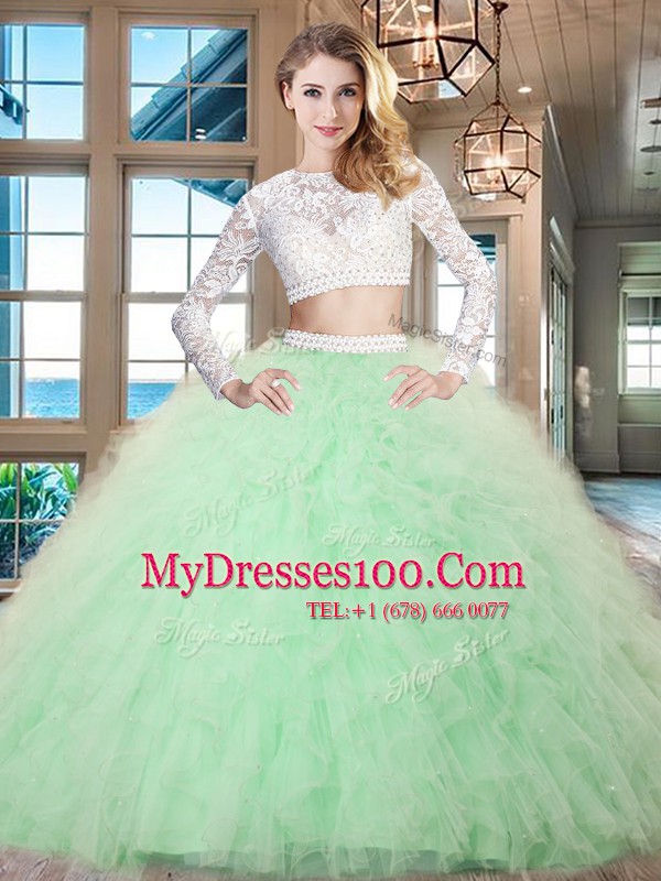 Scoop Long Sleeves 15th Birthday Dress Floor Length Beading and Lace and Ruffles Apple Green Tulle