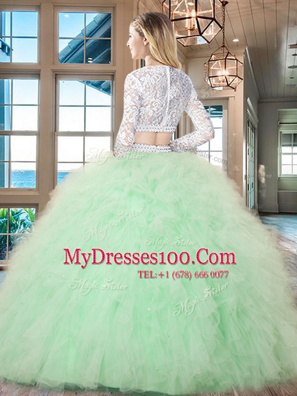 Scoop Long Sleeves 15th Birthday Dress Floor Length Beading and Lace and Ruffles Apple Green Tulle