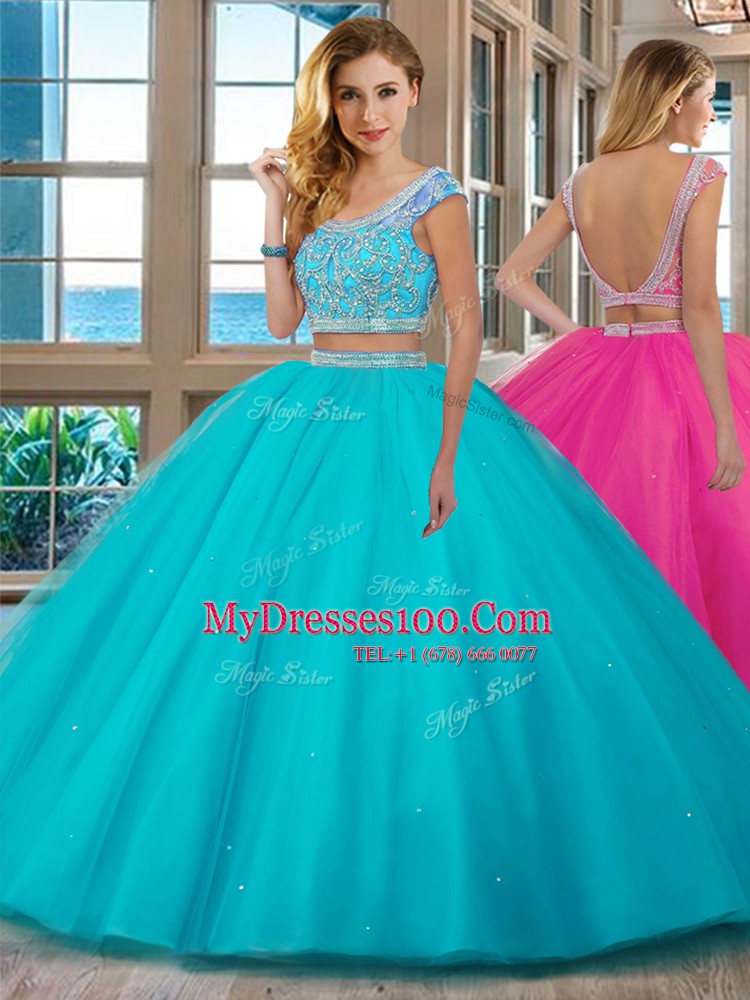Noble Scoop Cap Sleeves Tulle Sweet 16 Quinceanera Dress Beading and Ruffles Backless