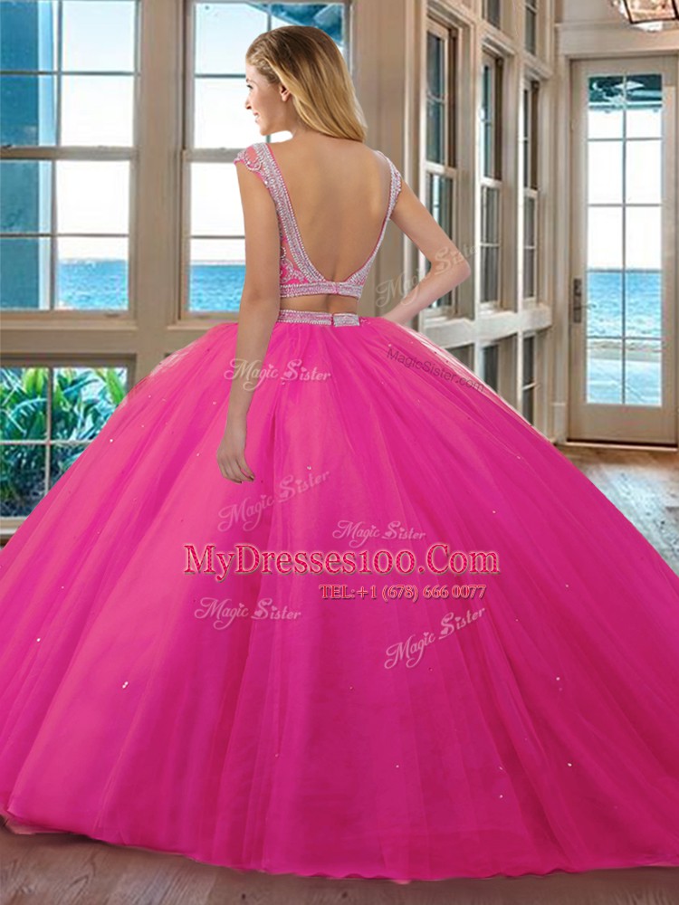 Noble Scoop Cap Sleeves Tulle Sweet 16 Quinceanera Dress Beading and Ruffles Backless