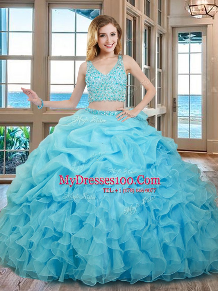 Baby Blue Two Pieces Organza V-neck Sleeveless Beading and Ruffles and Pick Ups Floor Length Zipper Quinceanera Dress