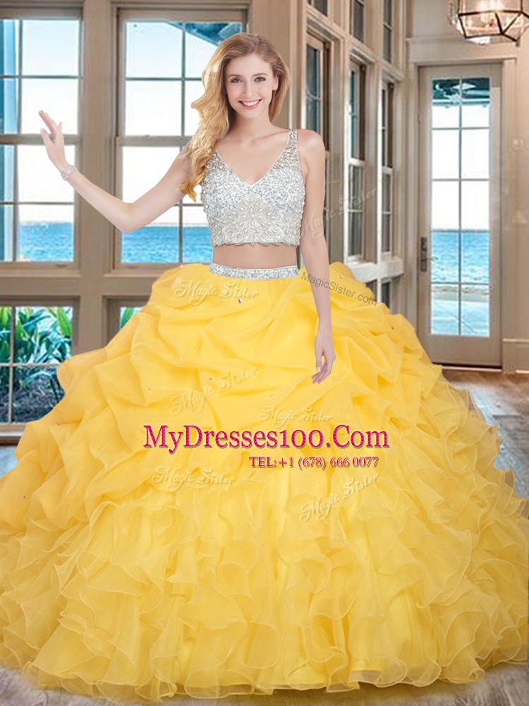 Baby Blue Two Pieces Organza V-neck Sleeveless Beading and Ruffles and Pick Ups Floor Length Zipper Quinceanera Dress