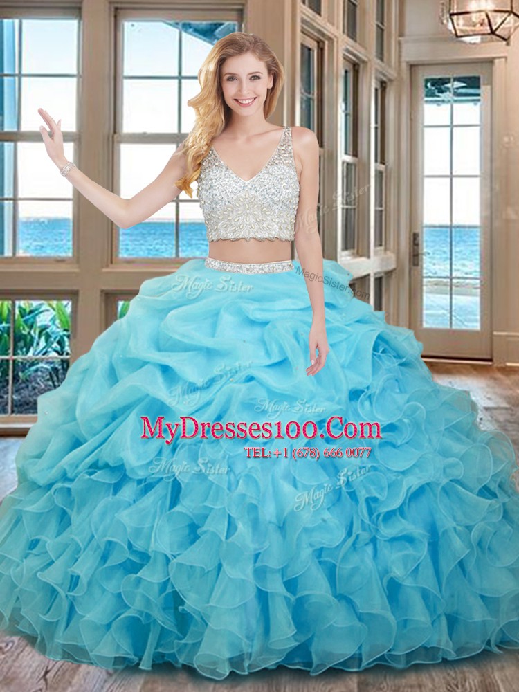 Baby Blue Two Pieces Organza V-neck Sleeveless Beading and Ruffles and Pick Ups Floor Length Zipper Quinceanera Dress