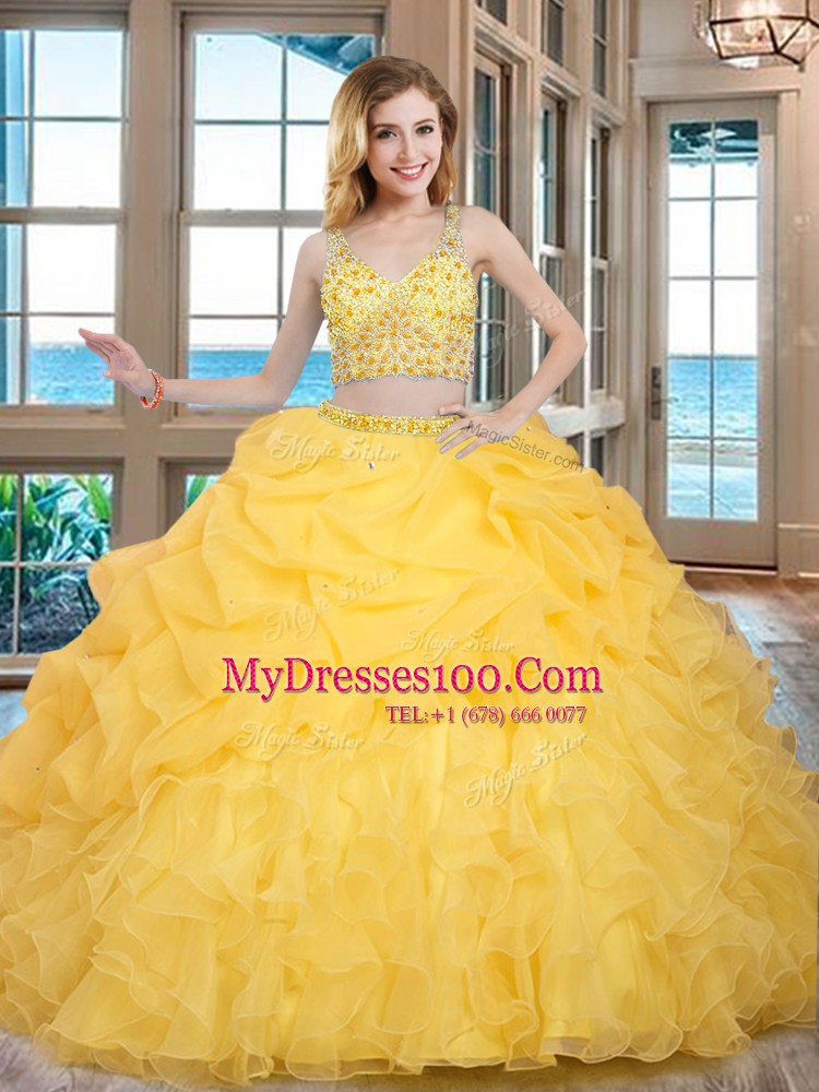 Baby Blue Two Pieces Organza V-neck Sleeveless Beading and Ruffles and Pick Ups Floor Length Zipper Quinceanera Dress