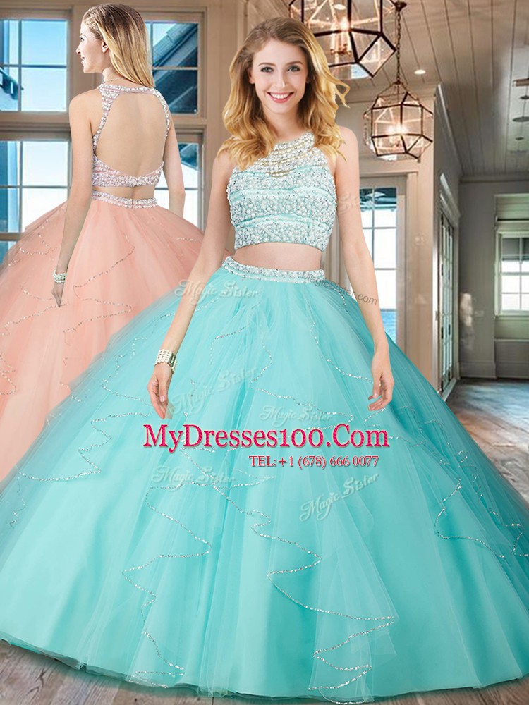 Inexpensive Scoop Sleeveless Backless Floor Length Beading and Ruffles Ball Gown Prom Dress