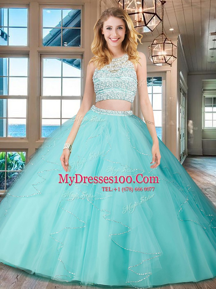 Inexpensive Scoop Sleeveless Backless Floor Length Beading and Ruffles Ball Gown Prom Dress