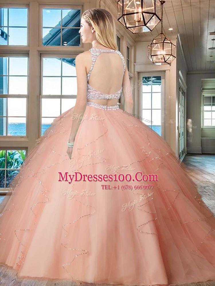 Inexpensive Scoop Sleeveless Backless Floor Length Beading and Ruffles Ball Gown Prom Dress