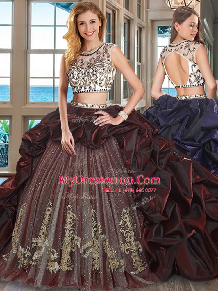 Scoop Backless Organza and Tulle Cap Sleeves With Train Ball Gown Prom Dress Brush Train and Beading and Embroidery and Pick Ups