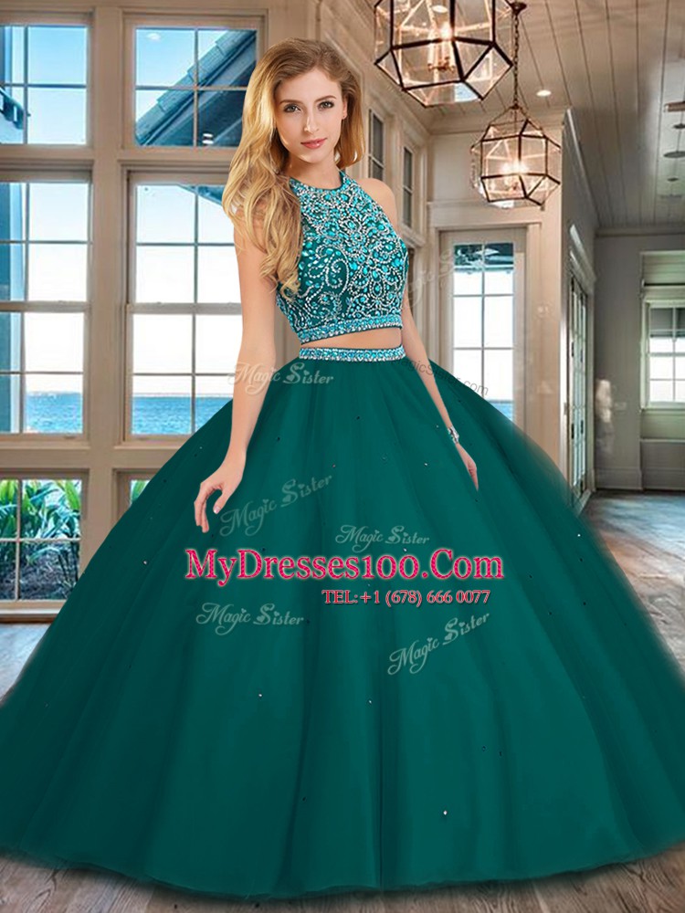Modern Scoop Floor Length Two Pieces Sleeveless Dark Green 15 Quinceanera Dress Backless