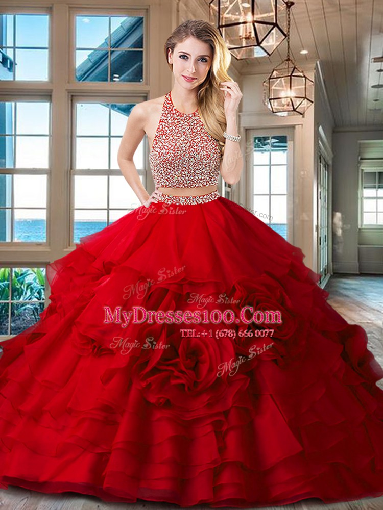 Backless Halter Top Sleeveless Sweet 16 Dress With Brush Train Beading and Ruffles Fuchsia Organza