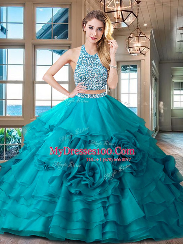 Backless Halter Top Sleeveless Sweet 16 Dress With Brush Train Beading and Ruffles Fuchsia Organza