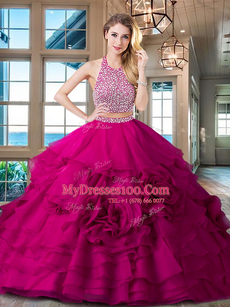 Backless Halter Top Sleeveless Sweet 16 Dress With Brush Train Beading and Ruffles Fuchsia Organza