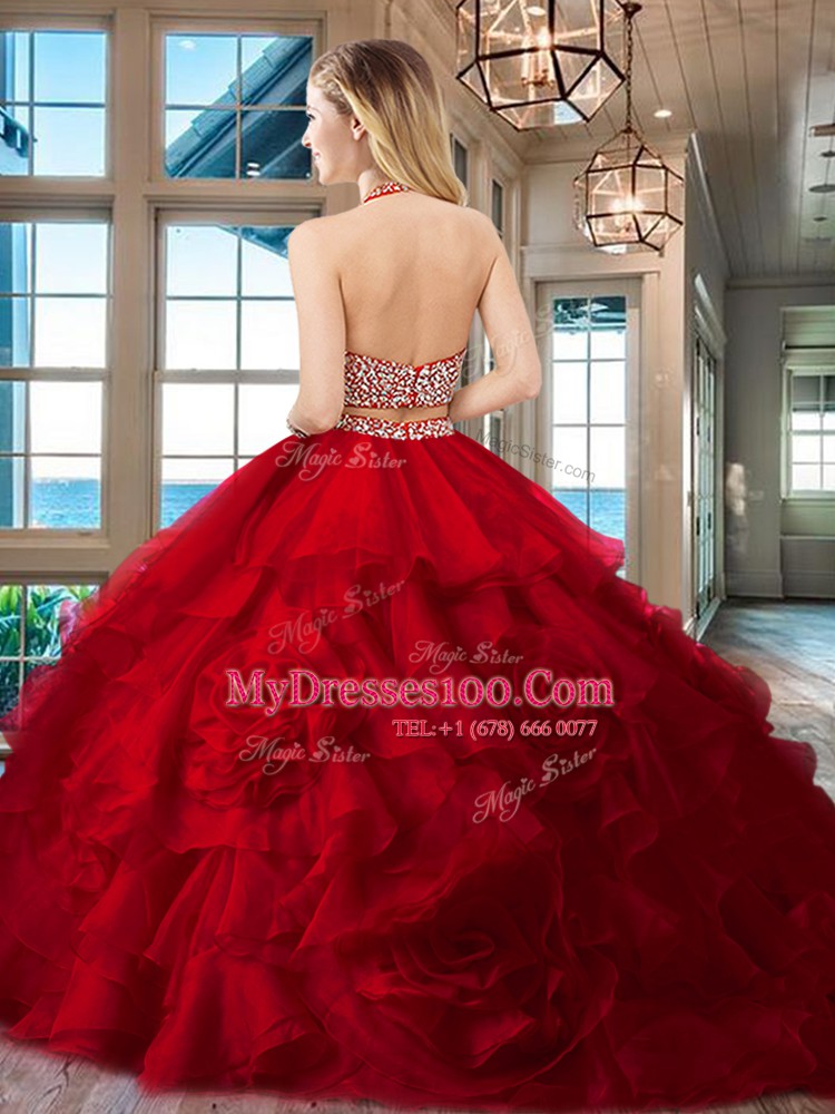 Backless Halter Top Sleeveless Sweet 16 Dress With Brush Train Beading and Ruffles Fuchsia Organza