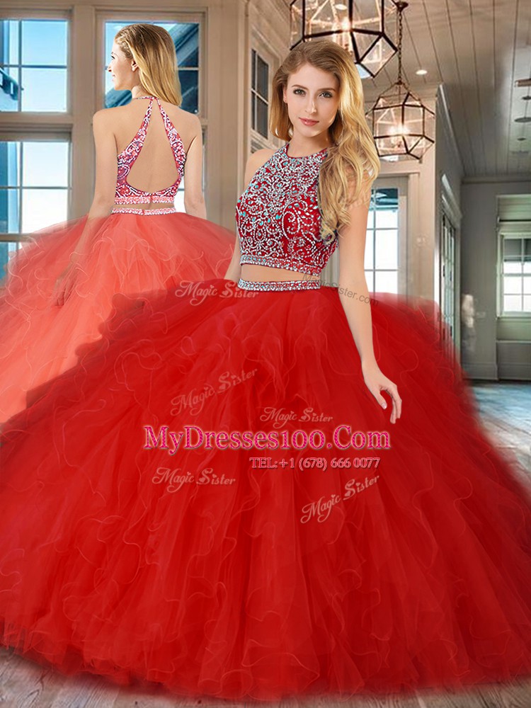 Scoop Beading and Ruffles Quinceanera Gown Red Backless Sleeveless Floor Length