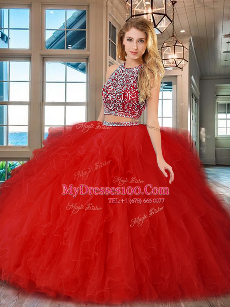 Scoop Beading and Ruffles Quinceanera Gown Red Backless Sleeveless Floor Length